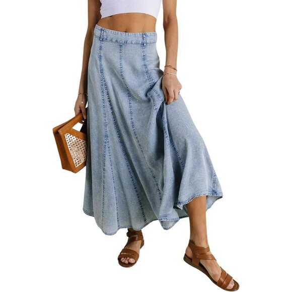 Women Vintage Long Denim Skirt Flowy Maxi Patchwork Western Casual